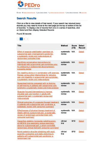 The image is a screenshot of PEDro search results